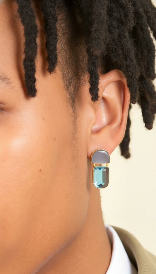 Midnight Smoke Cushion-Cut Studs – Grey Moonstone and Gilded Granulation