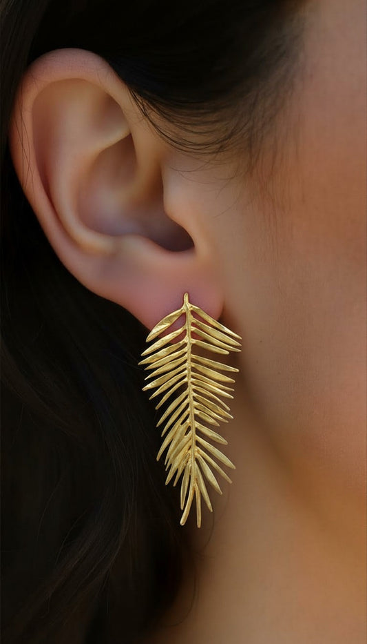 Golden Palm Frond Statement Earrings