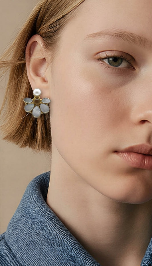 Ethereal Gilded Blossom Earrings – Hand-Brushed Gold with Aqua Chalcedony Drop