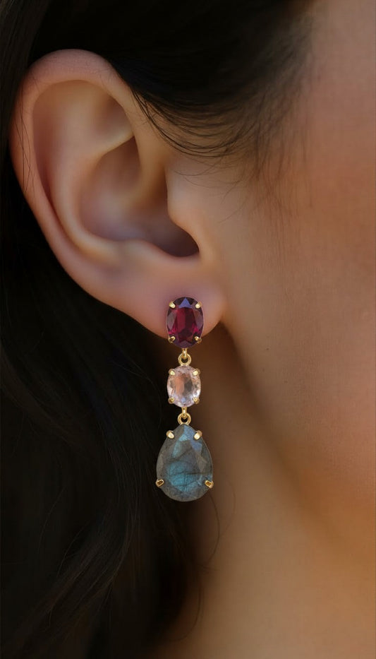 Lumina Three-Tier Drop Earrings: Pearl, Blue Topaz, and Green Amethyst in 18k Gold