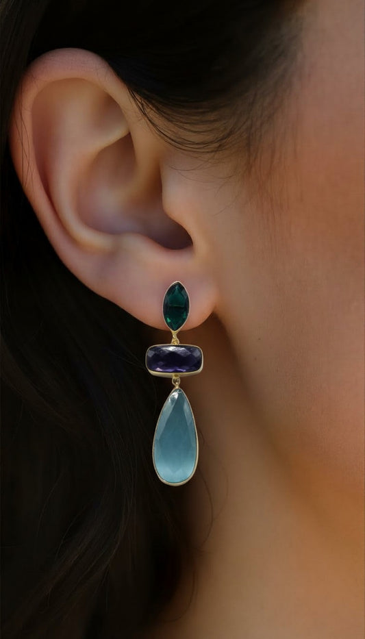 Geometric Multi-Gemstone Drop Earrings in 18k Gold Vermeil – Pearl, Blue Topaz, and Green Amethyst