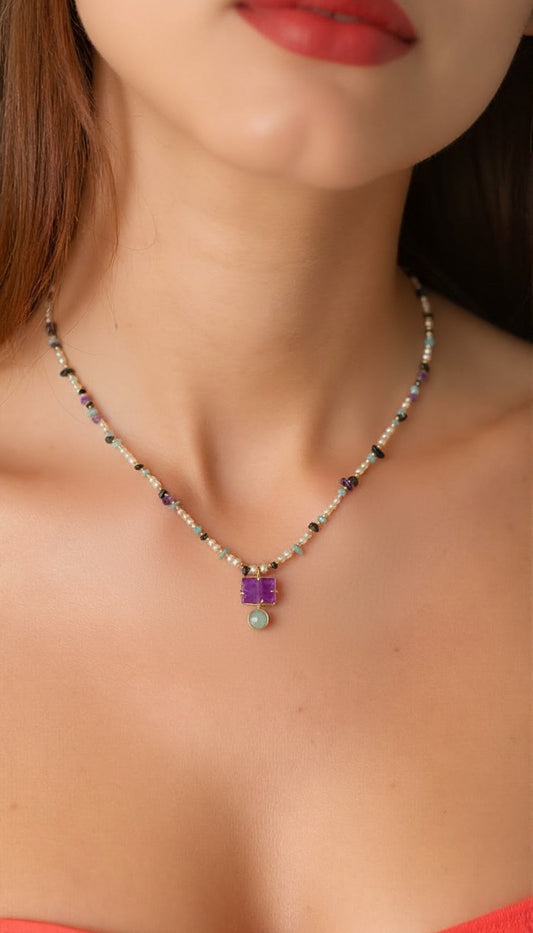 Amethyst & Aqua Bloom | Mixed Gemstone & Seed Pearl Necklace