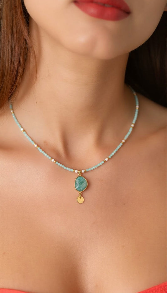 Seafoam Serenity | Beaded Gemstone Pendant Necklace