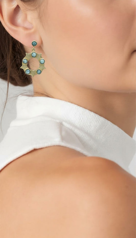 Azure Stellar Wreath | Multi-Stone Teal Apatite & Gold Sunburst Drops