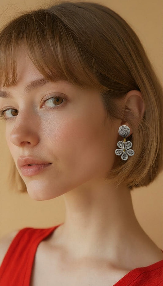 Amara Hand-Woven Petite Flower Earrings in Cool Slate