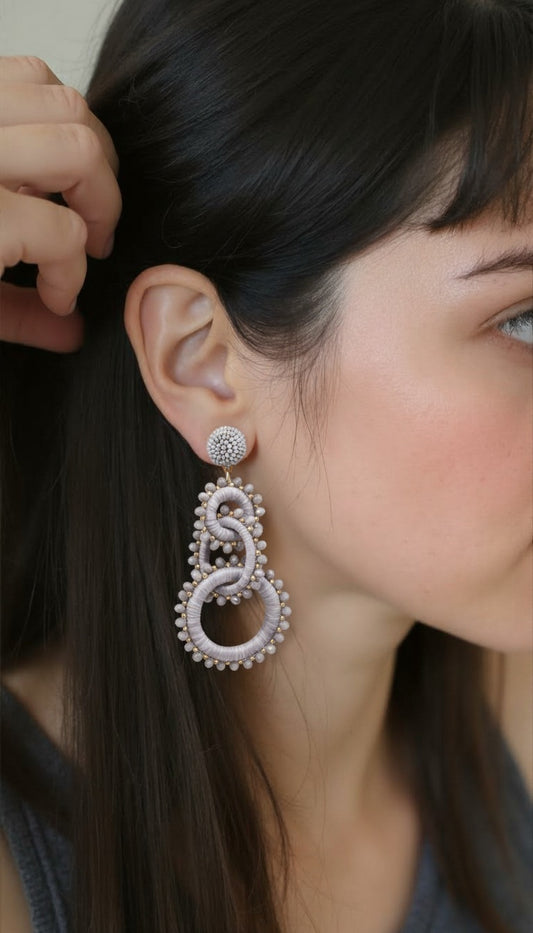 Dove Grey Silk-Wrapped Beaded Link Drops