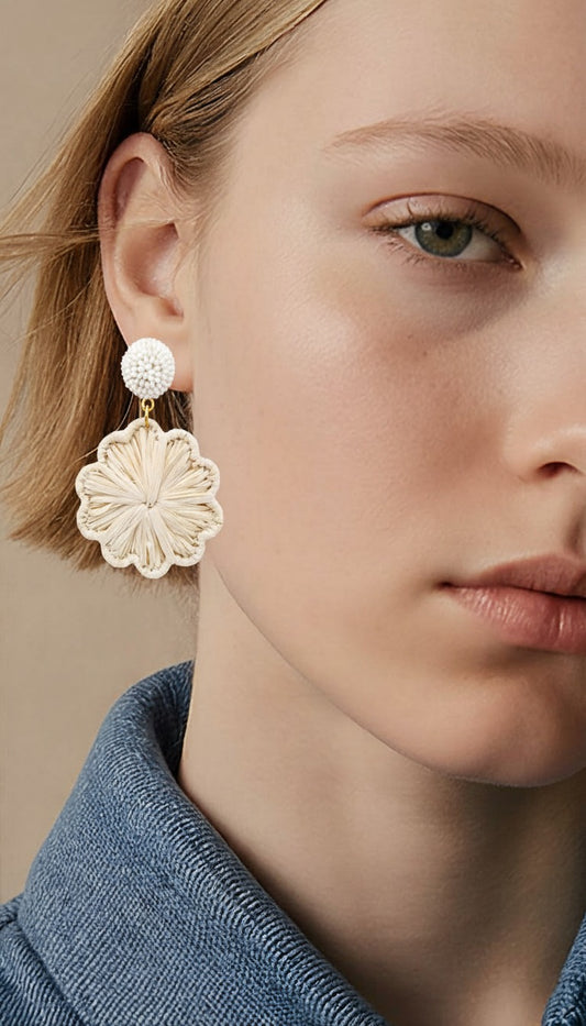Scalloped Raffia & Seed Bead Drop Earrings