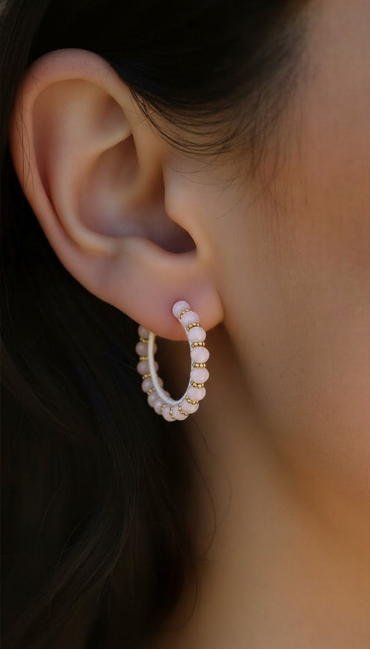 Rose Quartz & Gold Beaded Halo Hoops
