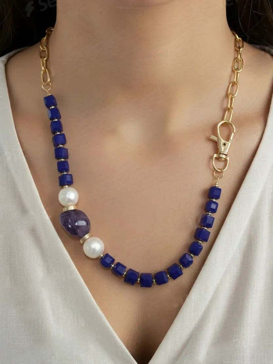 Regal Deep Blue Lapis & Amethyst Statement Necklace – Geometric Beaded Strand with Freshwater Pearls and Oversized Gold Link Chain