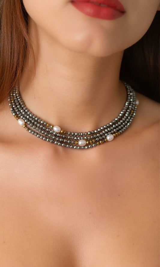 Real Pearl & Metallic Shine Multi-Layer Choker Necklace