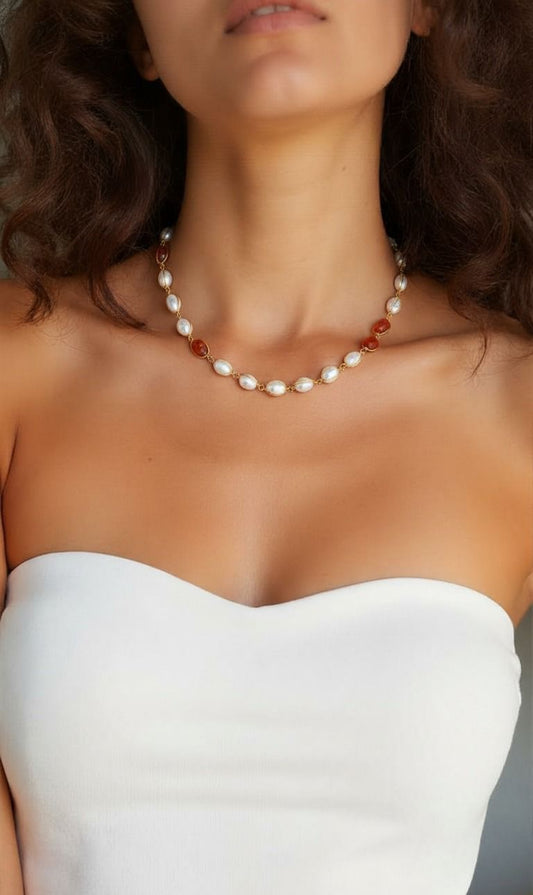 Vintage-Inspired Wire-Wrapped Pearl & Warm Carnelian Necklace – Handcrafted 18K Gold Plated Chain with Oval Freshwater Pearls