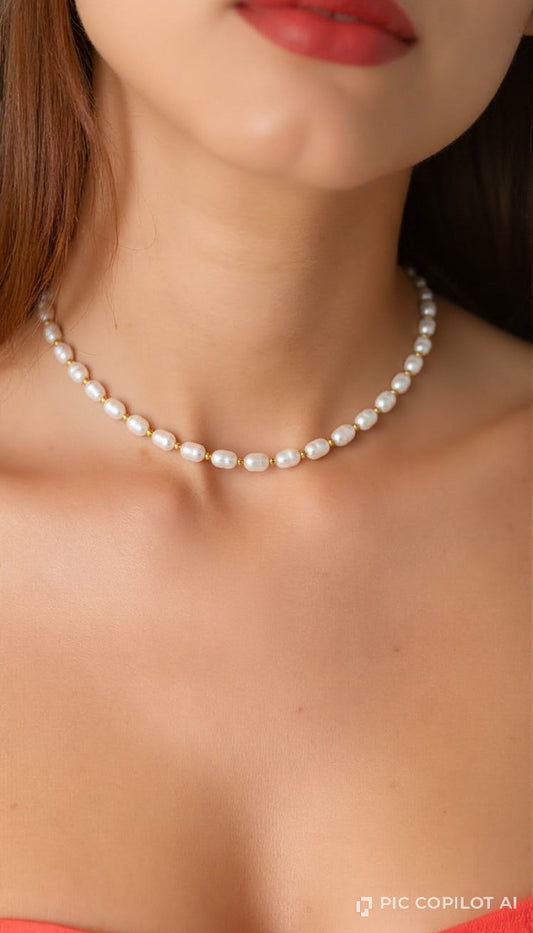 Classic Petit Pearl Choker – Lustrous Oval Freshwater Pearls with 18K Gold-Plated Spacer Accents