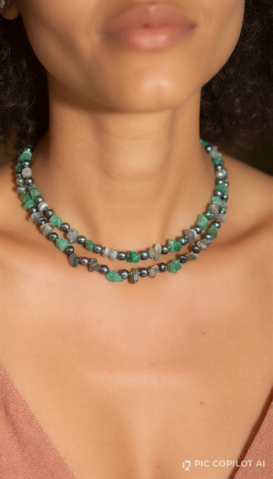 Mystic Double-Strand Gemstone Necklace – Raw Emerald-Green Amazonite, Grey Labradorite, and Midnight Tahitian-Style Pearls