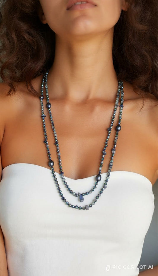 Deep Sea Radiance | Multi-Strand Lapis & Peacock Pearl Necklace