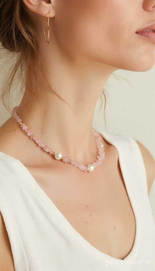 Natural Rose Quartz, Authentic Cultured Pearls and Gold-Plated Spacer Beads Necklace.
