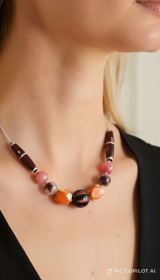 Eclipse: Earth-Tone Geometric Beaded Cord Necklace