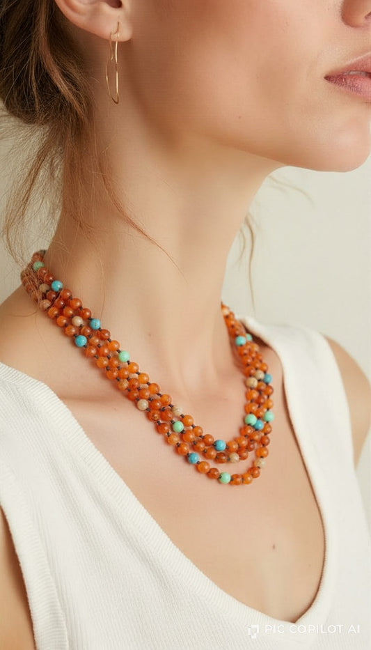 Three-Layer Bohemian Beaded Necklace – Orange Carnelian & Aqua Accent Beads
