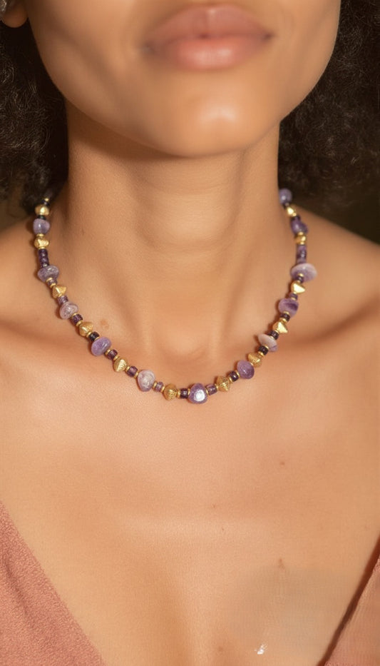 Raw Purple Amethyst Nugget Necklace with Brushed Gold Spacers