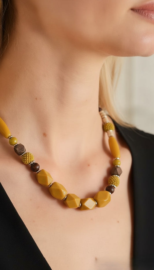 Chunky Matte Yellow Faceted Bead Necklace with Wood & Textured Accents