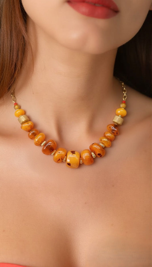 Chunky Translucent Amber Bead Necklace with Brushed Gold Accents