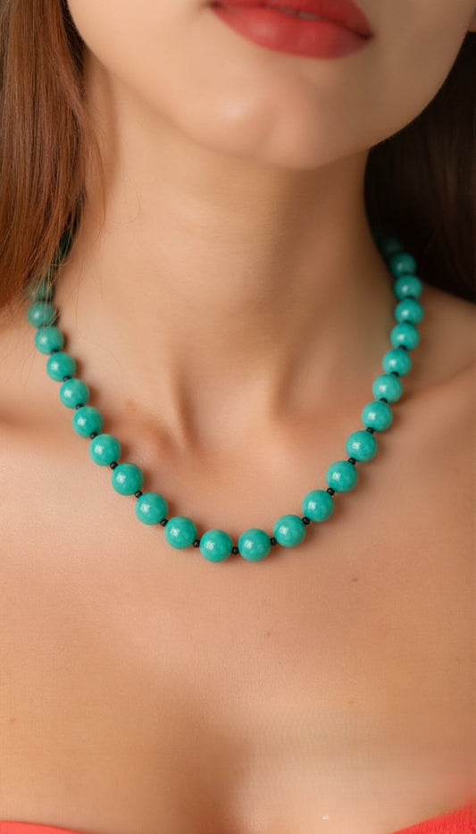 Vibrant Turquoise-Green Round Stone Bead Necklace with Black Accent Spacers
