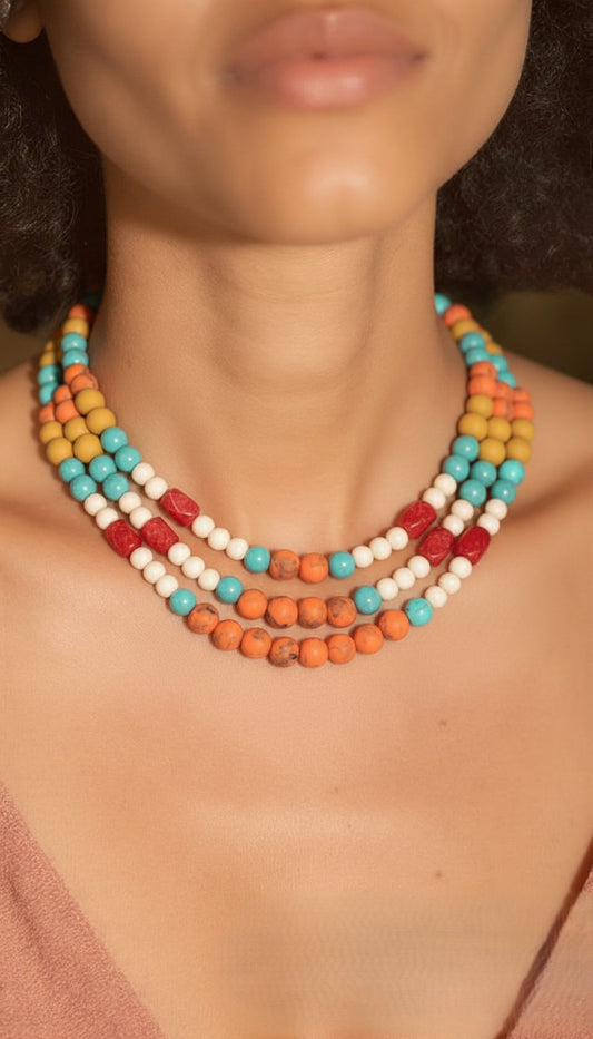 Vibrant Three-Tier Southwestern Beaded Necklace – Turquoise, Coral, & Ochre