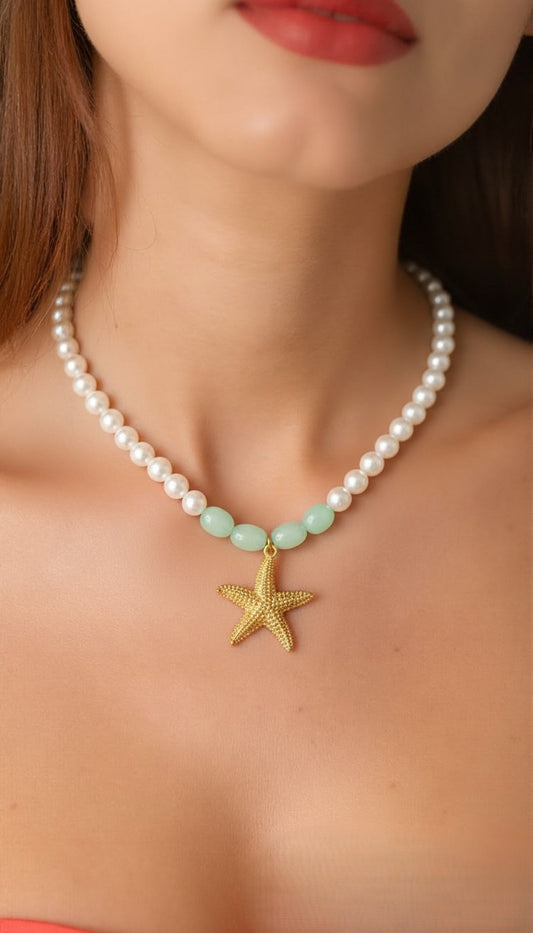 Cultured Pearl Strand Necklace with Gold Starfish Pendant & Mint Jade Beads