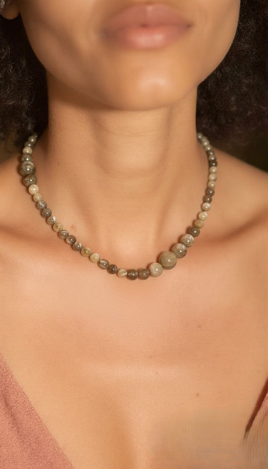 Earthy Grey Quartz & Pyrite Shimmer Beaded Collar Necklace