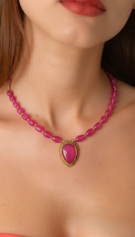 Vivid Magenta Pink Oval Bead Strand with Filigree Gold Pendant