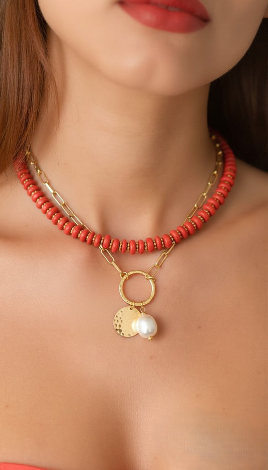 The Isla Layered Coral Bead & Pearl Charm Necklace