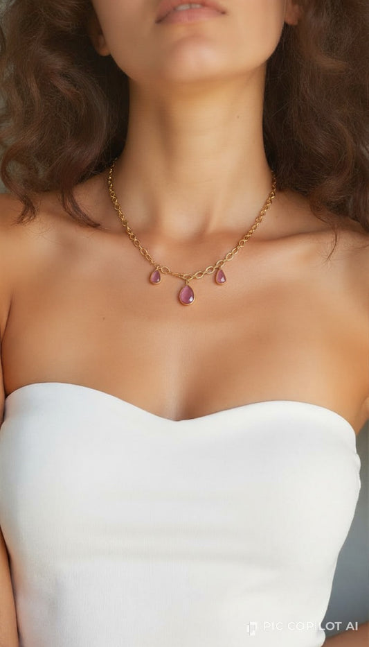 Seraphina Bezel Rose Quartz Teardrop Link Chain Necklace