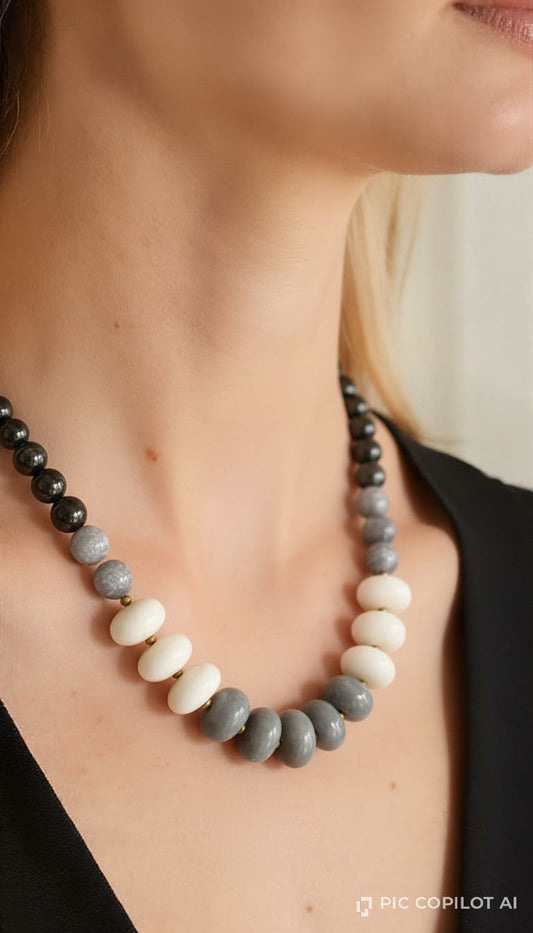 Modern Geometric Beaded Necklace | Charcoal & Milk White Stone-Style Choker