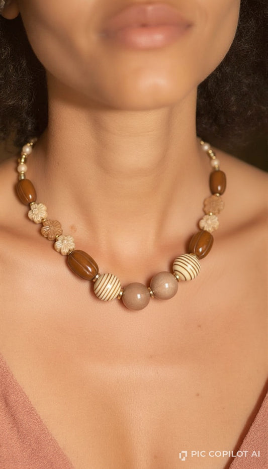 Chunky Wooden & Resin Neutral Bead Necklace | Multi-Texture Boho Collar