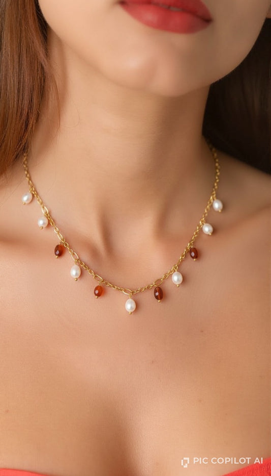 Aurora Freshwater Pearl & Carnelian Droplet Charm Chain Necklace