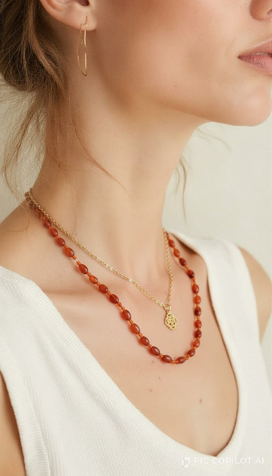 Solstice Layered Carnelian Beaded & Geometric Gold Pendant Necklace Set