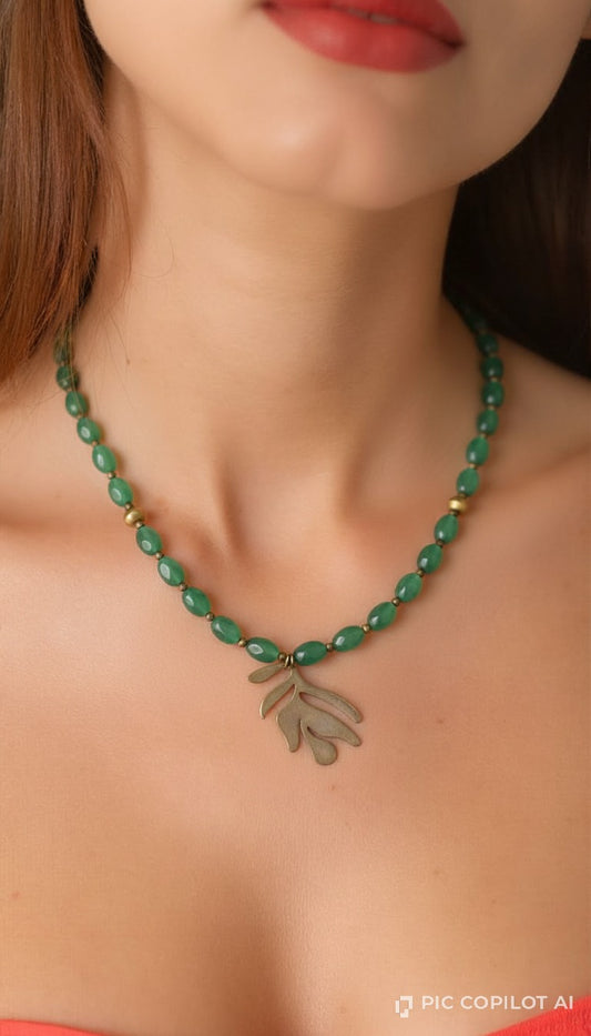 Verdant Canopy Jade Beaded Leaf Pendant Necklace