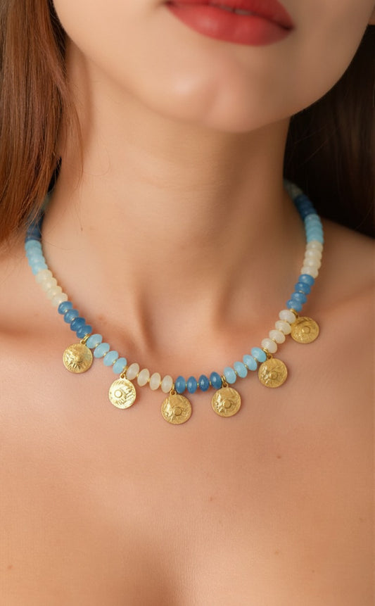 Coastal Charm Beaded Necklace with Antique Gold Coin Charms