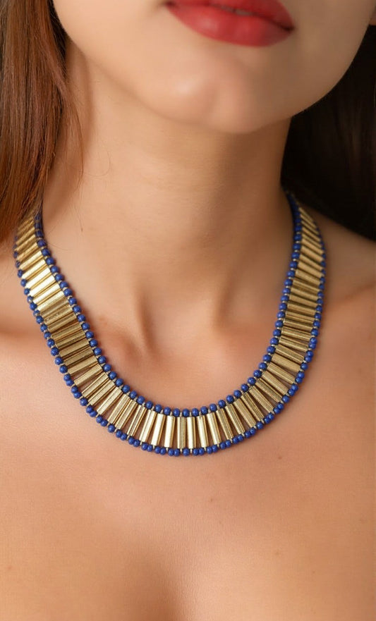 Royal Blue Beaded Collar Necklace with Gold Bar Accents