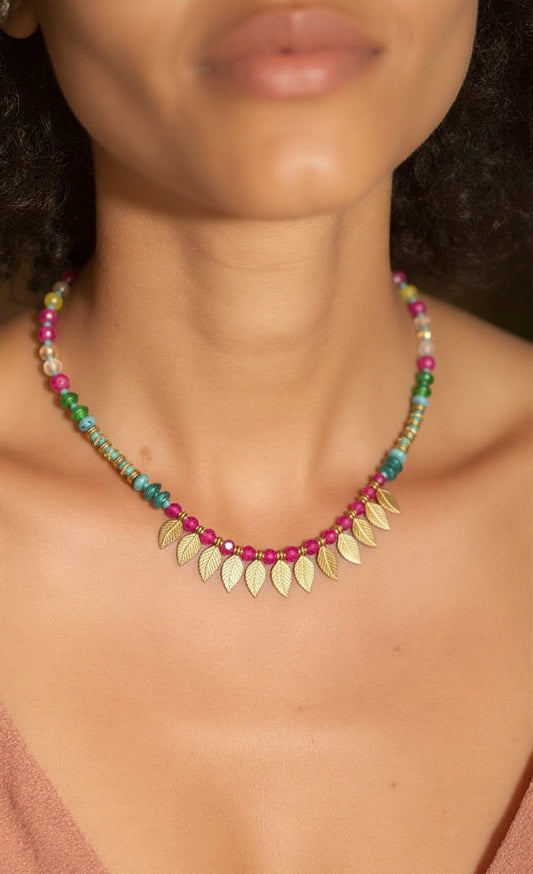 Verdant Bloom Multi-Gemstone Leaf Charm Necklace in Antique Gold Finish