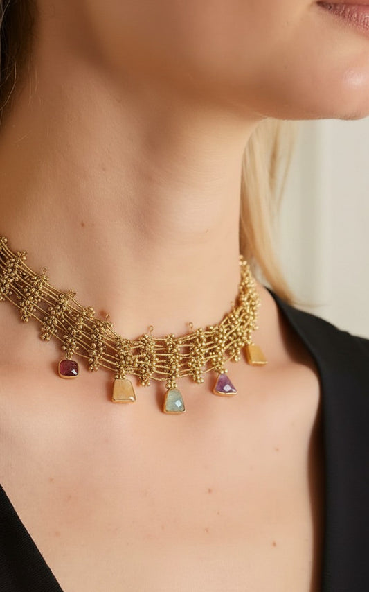 Celestial Cascade Multi-Gemstone Choker Necklace in Antique Gold Finish