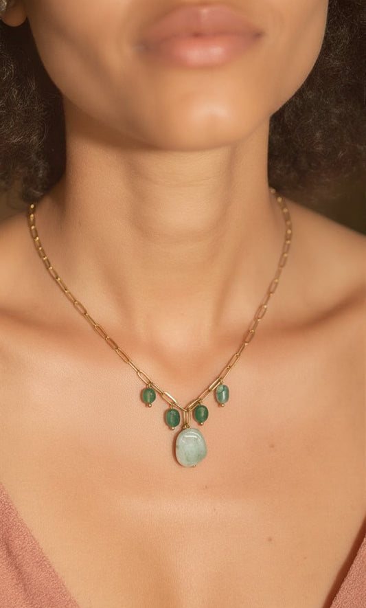 Verdant Jade Drop Necklace – Handcrafted Gold-Tone Green Stone Pendant Necklace