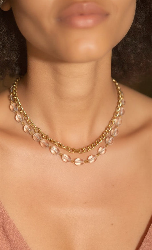 Blush Crystal Layered Necklace – Handcrafted Gold-Tone Double Layer Statement Necklace