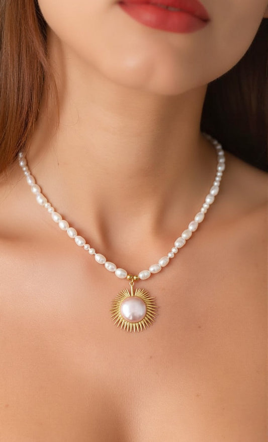 Celestial Sunburst Freshwater Pearl Necklace in Gold