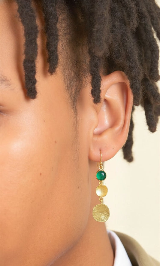 Handcrafted Emerald-Green Gemstone & Sunburst Gold Disc Drop Earrings