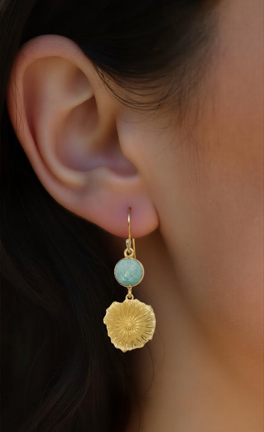 Textured Gold Lotus Disc & Amazonite Gemstone Drop Earrings