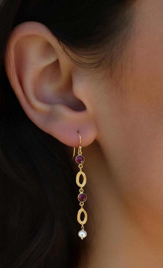 Ruby & Pearl Textured Gold Drop Earrings