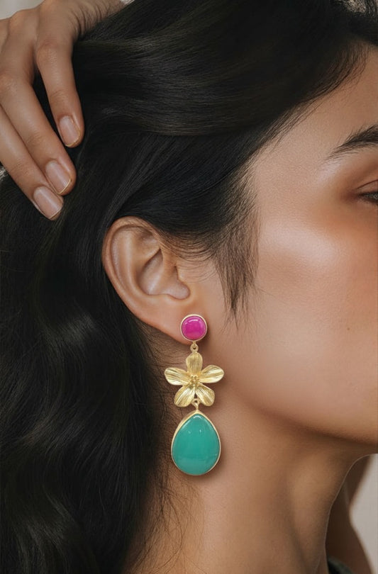 Pink & Mint Green Stone Floral Drop Earrings in Textured Gold