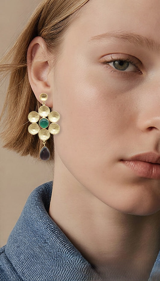Matte Gold Sunburst Flower & Gemstone Statement Earrings