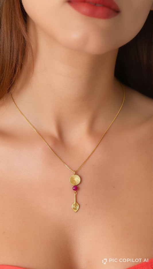 Celestial Gold Key Pendant Necklace | Red Gemstone Boho Jewelry