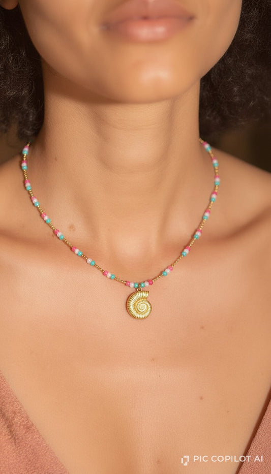 old Nautilus Shell Pendant | Colorful Beaded Coastal Choker